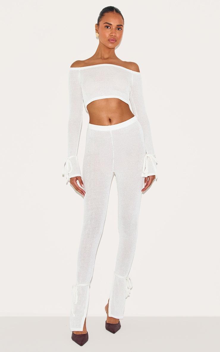 Pretty Little Thing Cream Sheer Soft Rib Split Hem Tie Detail Leggings