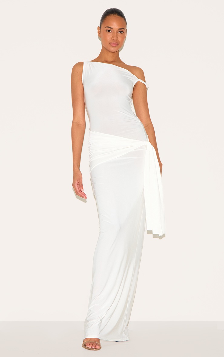 Pretty Little Thing Cream Slinky Off Shoulder Wrap Detail Maxi Dress