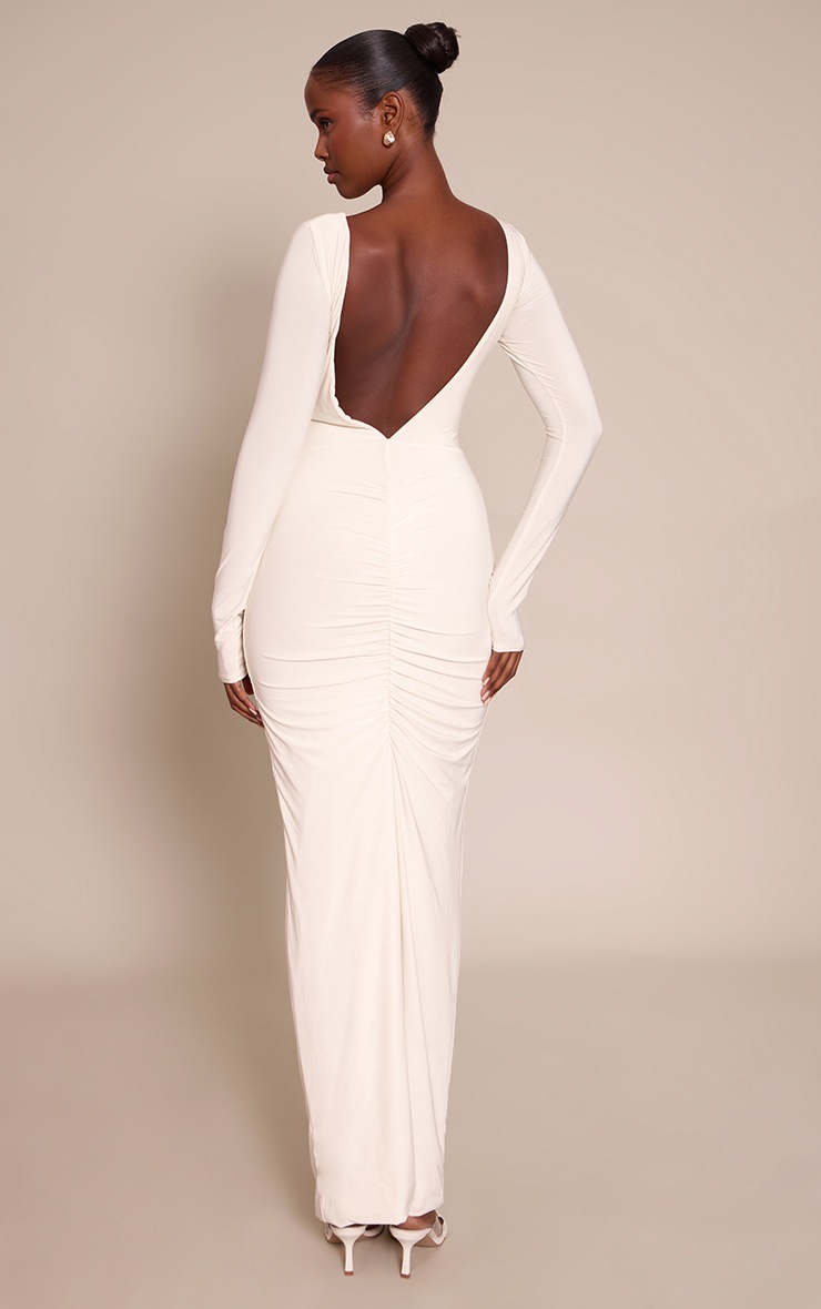Pretty Little Thing Cream Slinky Ruched Low Back Maxi Dress
