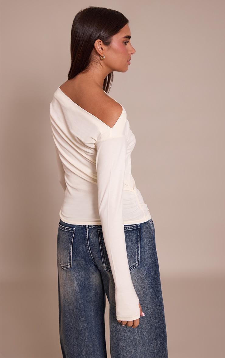 Pretty Little Thing Cream Soft Cotton Ruched Asymmetric Long Sleeve Top