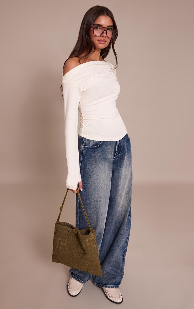 Pretty Little Thing Cream Soft Cotton Ruched Asymmetric Long Sleeve Top
