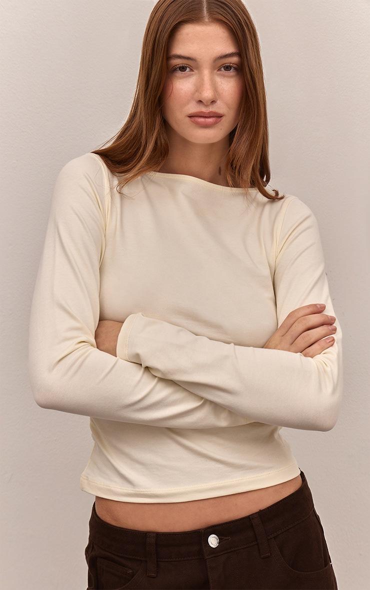 Pretty Little Thing Cream Soft Cotton Ruched Side Long Sleeve Top