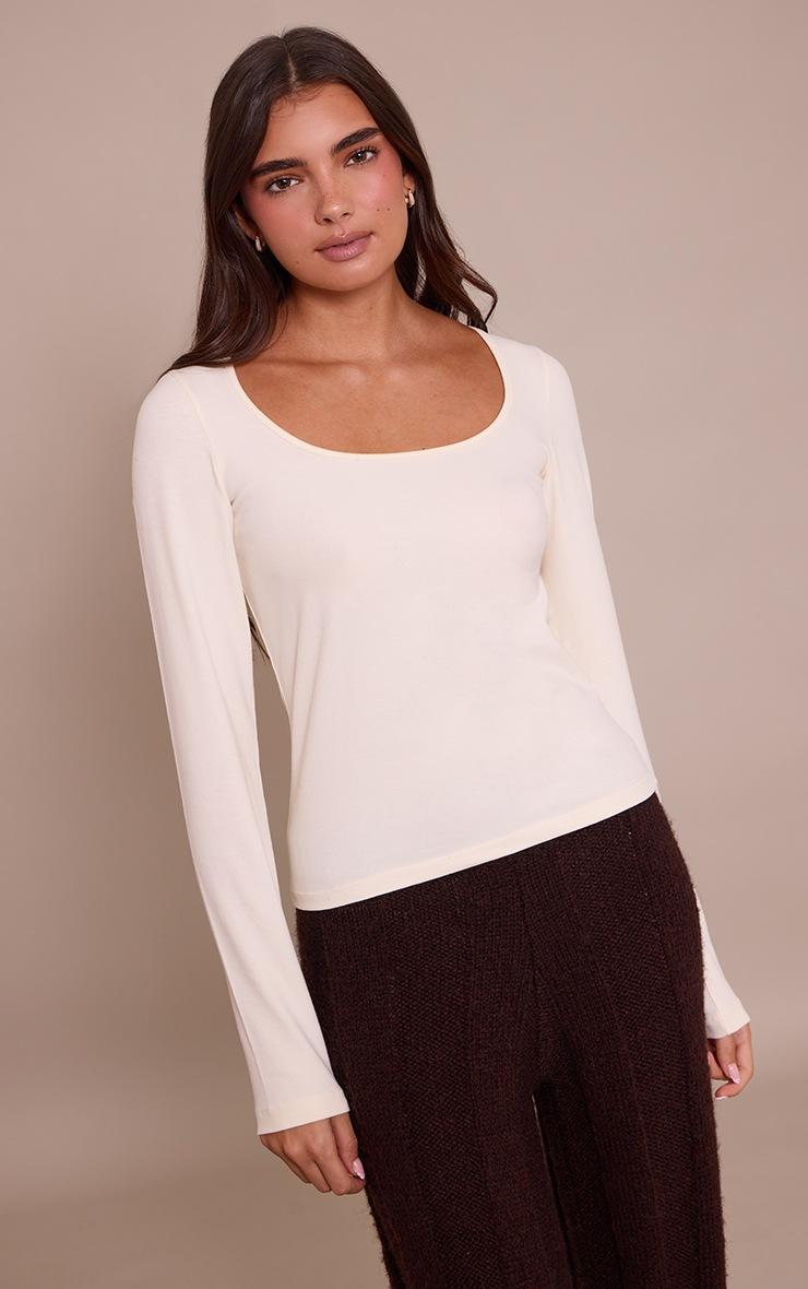 Pretty Little Thing Cream Soft Cotton Scoop Neck Long Sleeve Top