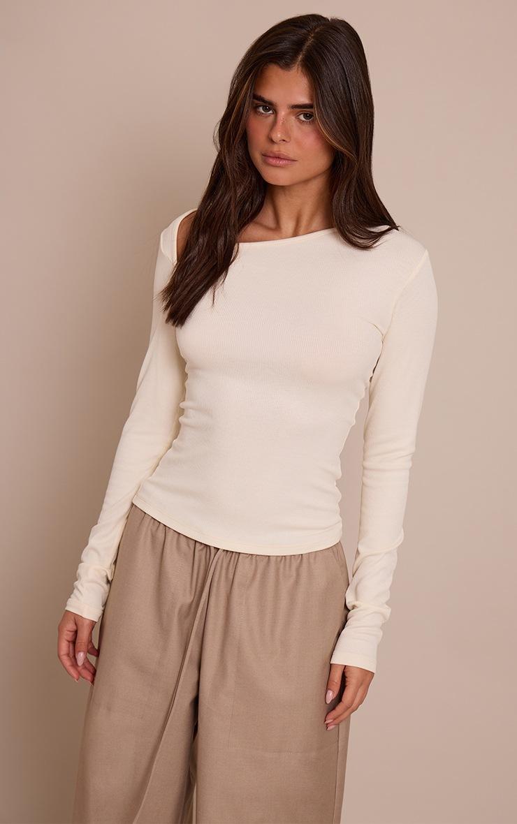 Pretty Little Thing Cream Soft Rib Asymmetric Detail Fitted Longline Top