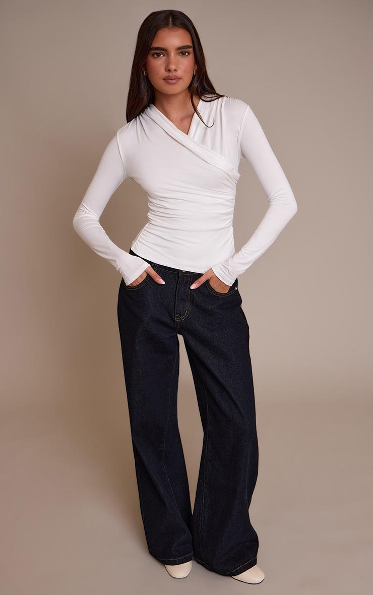 Pretty Little Thing Cream Soft Touch Ruched Front Detail Long Sleeve Top