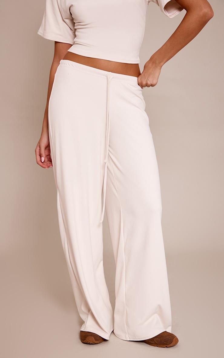 Pretty Little Thing Cream Soft Touch Tie Waist Casual Pants