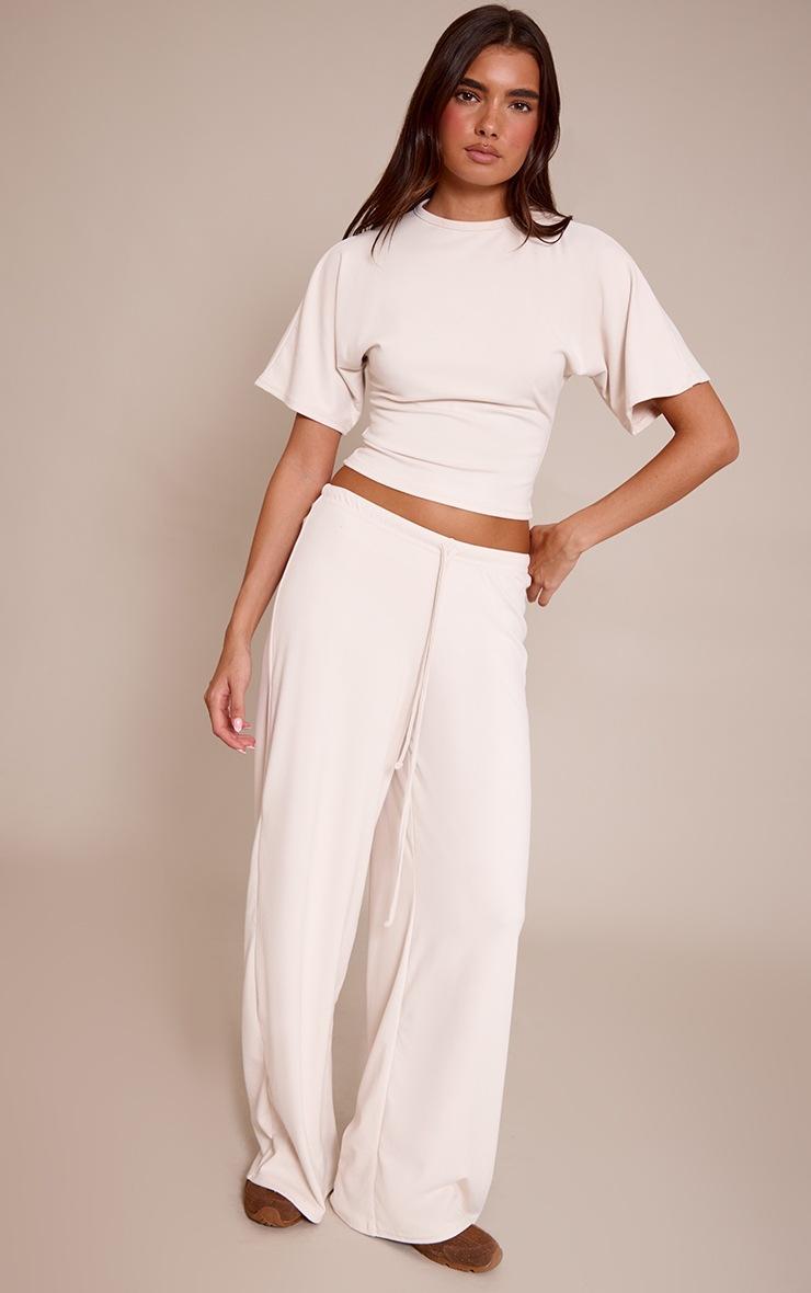 Pretty Little Thing Cream Soft Touch Tie Waist Casual Pants