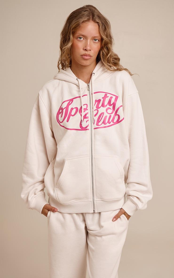 Pretty Little Thing Cream Sports Club Cotton Fleece Full Zip Hoodie