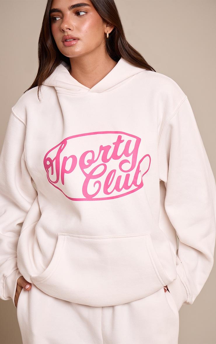 Pretty Little Thing Cream Sports Club Cotton Fleece Oversized Pull Over Hoodie