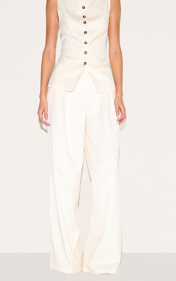 Pretty Little Thing Cream Tailored Woven Pleated Wide Leg Pants