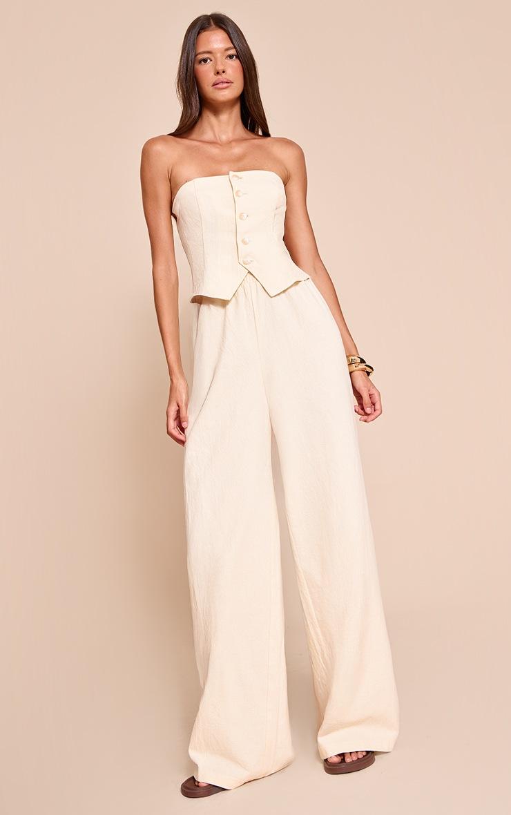 Pretty Little Thing Cream Textured Bandeau Button Jumpsuit
