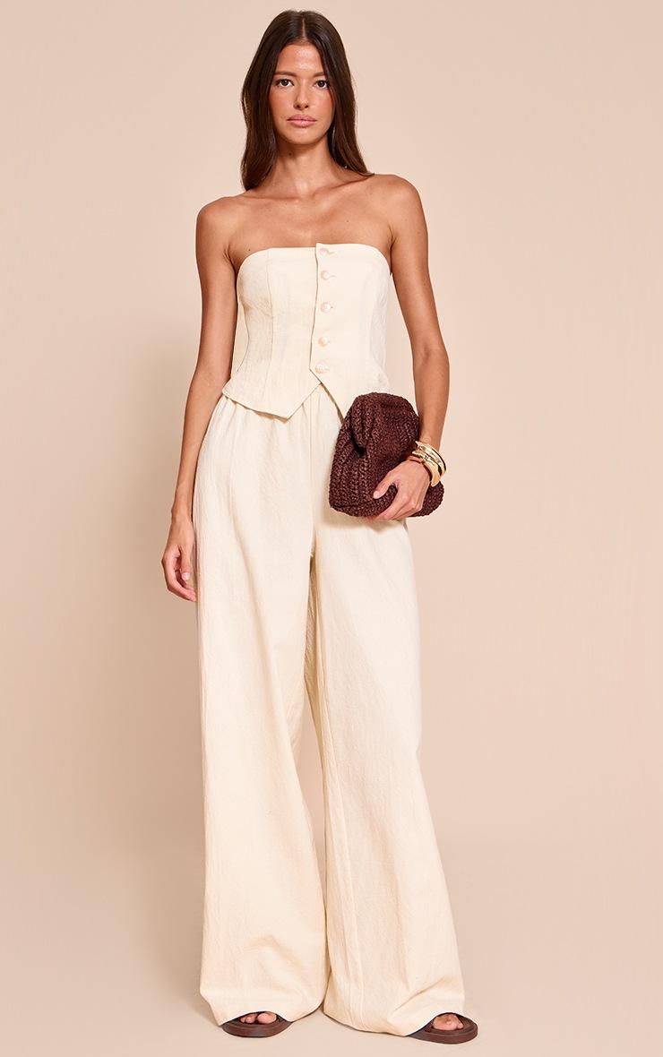 Pretty Little Thing Cream Textured Bandeau Button Jumpsuit