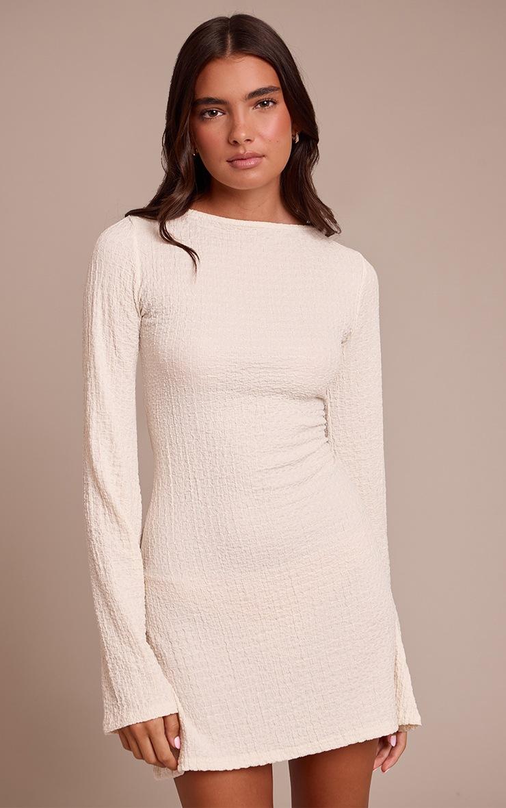 Pretty Little Thing Cream Textured Boat Neck Long Sleeve Shift Dress