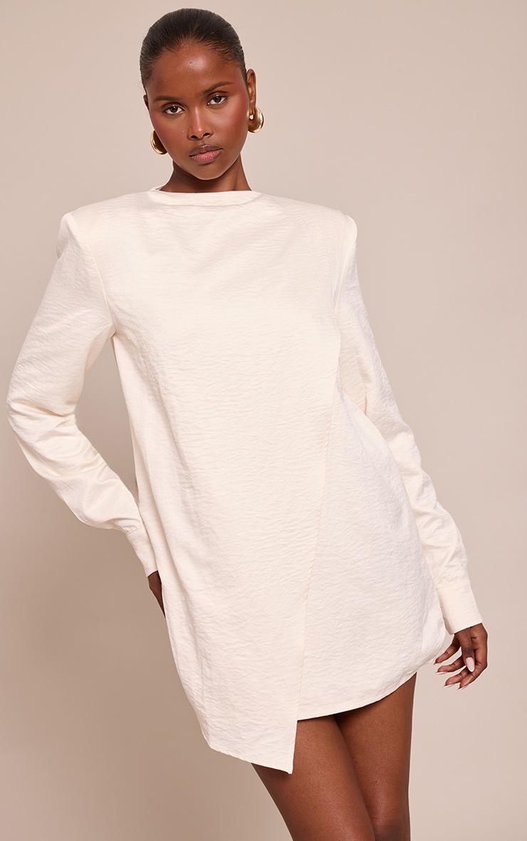 Pretty Little Thing Cream Textured Long Sleeve Mini Smock Dress