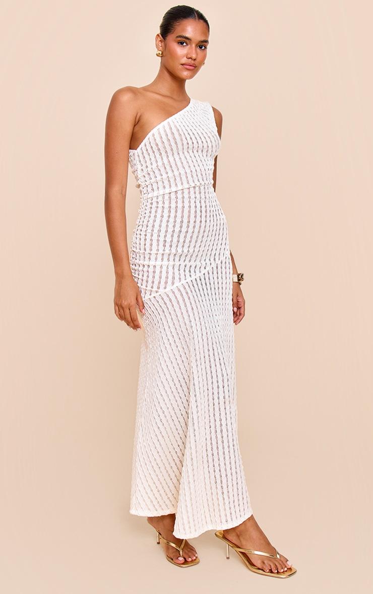 Pretty Little Thing Cream Textured One Shoulder Ruched Maxi Dress