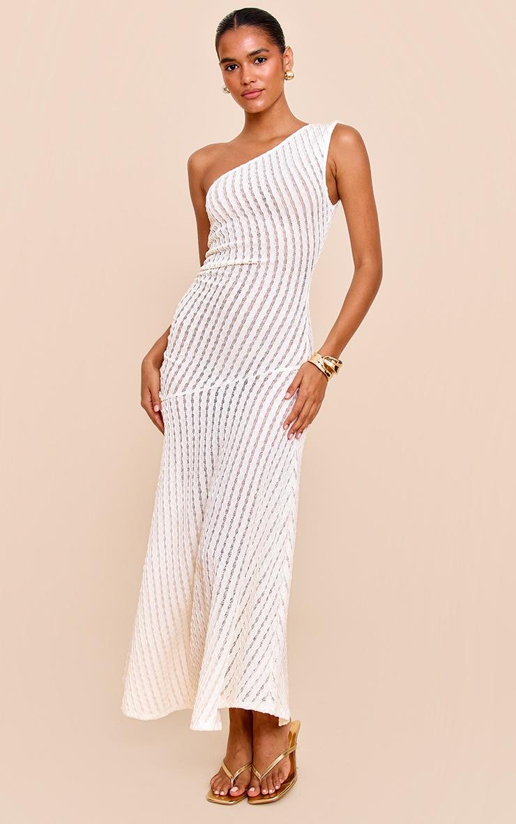 Pretty Little Thing Cream Textured One Shoulder Ruched Maxi Dress