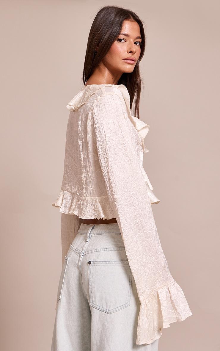 Pretty Little Thing Cream Textured Satin Frill Detail Tie Front Cropped Top