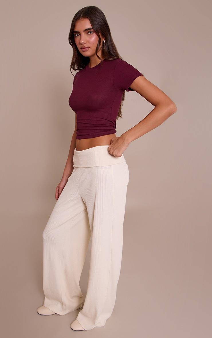 Pretty Little Thing Cream Thick Rib Fold Over Pocket Detail Wide Leg Pant