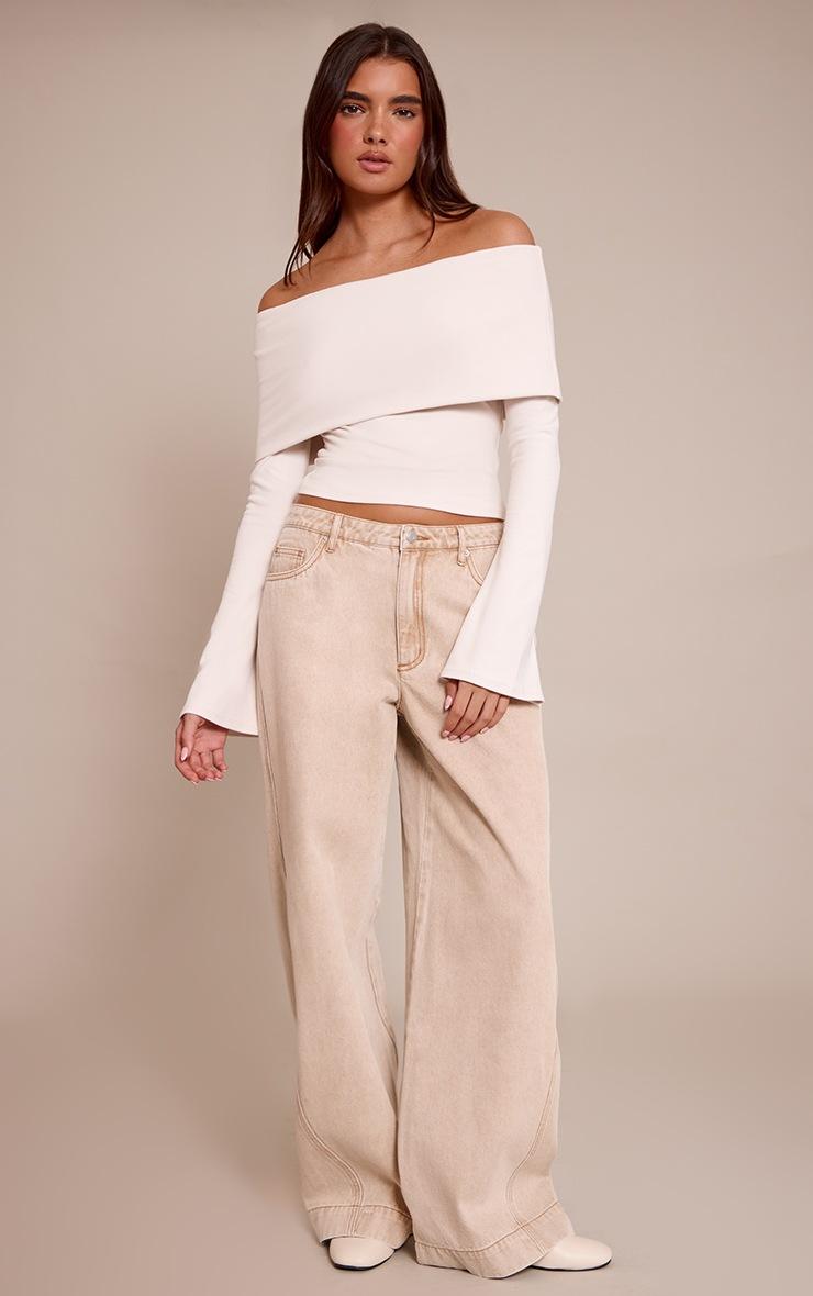 Pretty Little Thing Cream Ultra Soft Deep Foldover Bardot Long Sleeve Top
