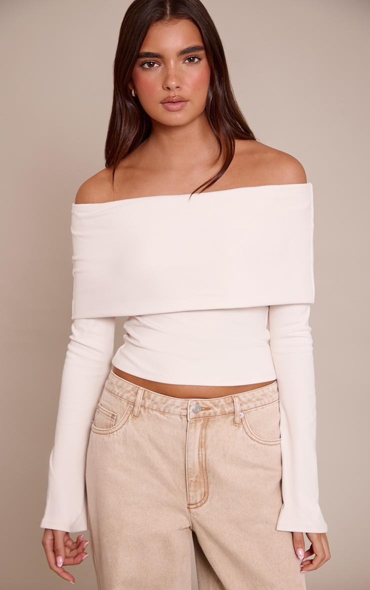 Pretty Little Thing Cream Ultra Soft Deep Foldover Bardot Long Sleeve Top