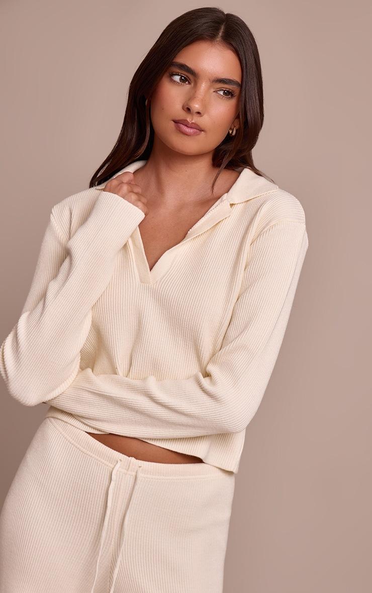 Pretty Little Thing Cream V Neck Ribbed Long Sleeve Knit Sweater