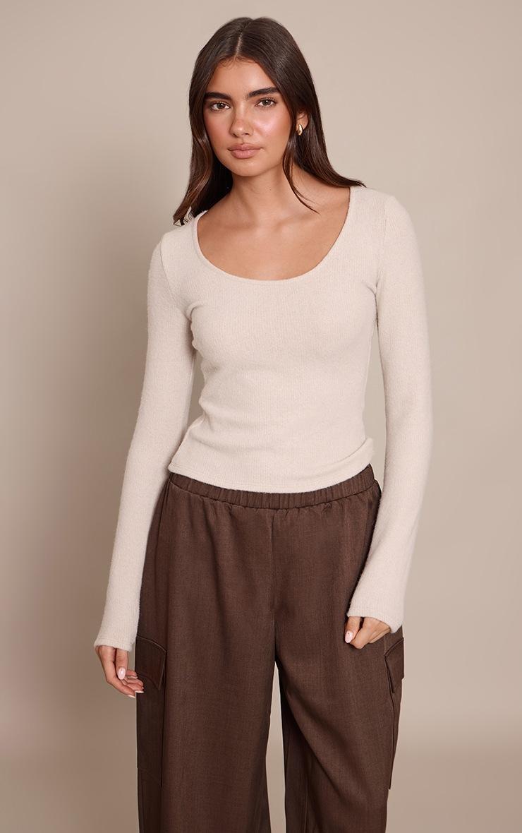 Pretty Little Thing Cream Wool Knit Look Scoop Neck Long Sleeve Top