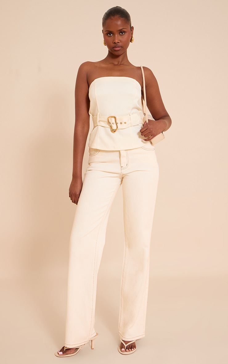 Pretty Little Thing Cream Woven Belted Trim Detail Bandeau Top