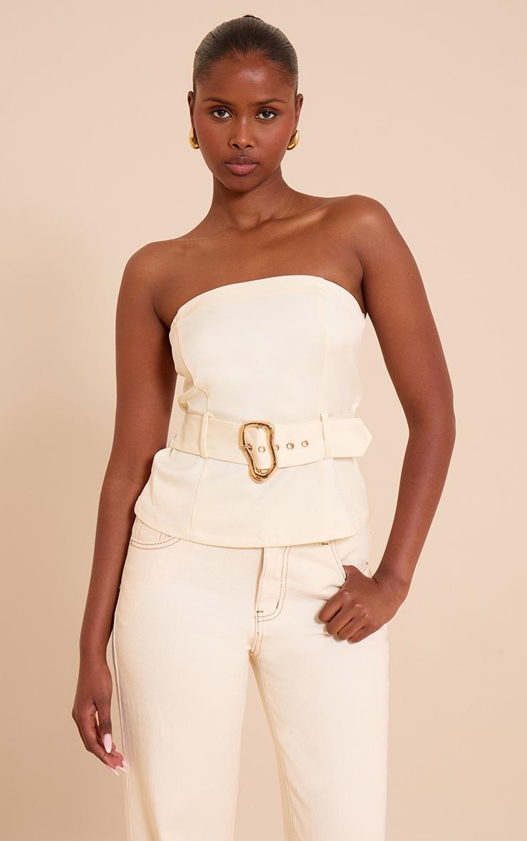 Pretty Little Thing Cream Woven Belted Trim Detail Bandeau Top