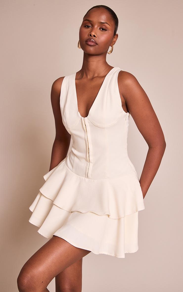 Pretty Little Thing Cream Woven Corset Detail Tiered Mini Dress