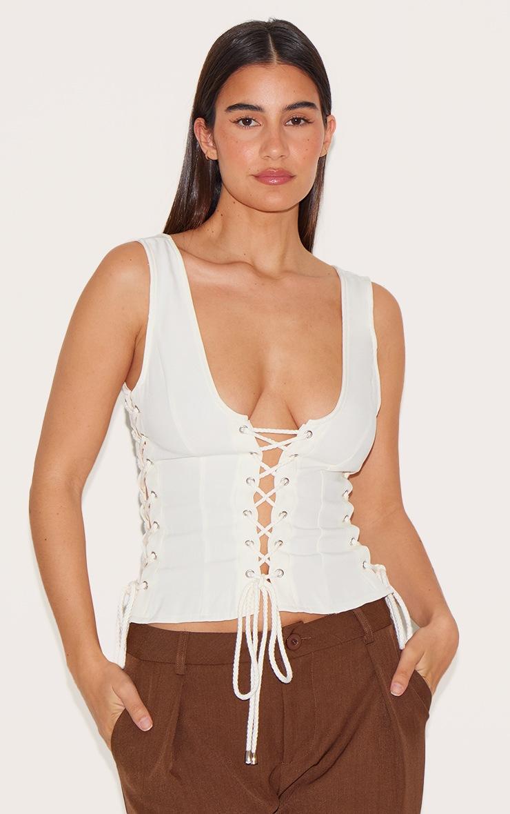 Pretty Little Thing Cream Woven Lace Up Detail Plunge Sleeveless Top