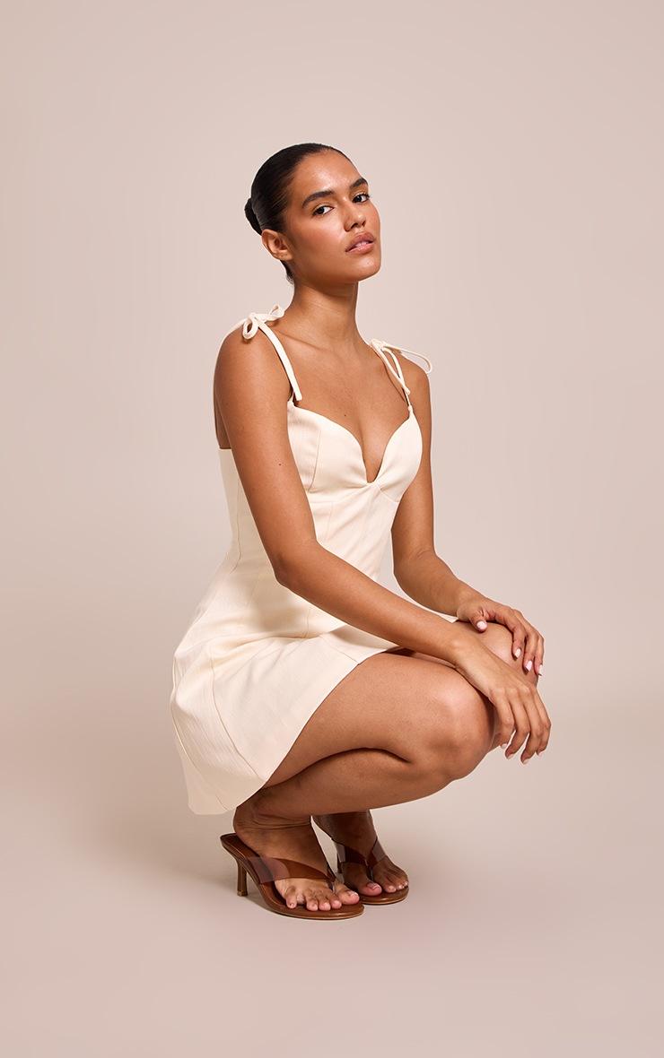 Pretty Little Thing Cream Woven Shoulder Tie Strap Mini Shift Dress