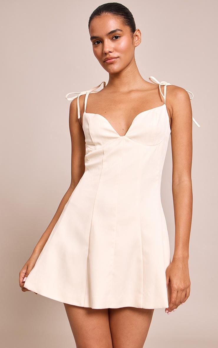 Pretty Little Thing Cream Woven Shoulder Tie Strap Mini Shift Dress
