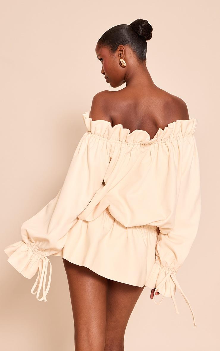 Pretty Little Thing Cream Woven Tie Detail Bandeau Long Sleeve Mini Dress