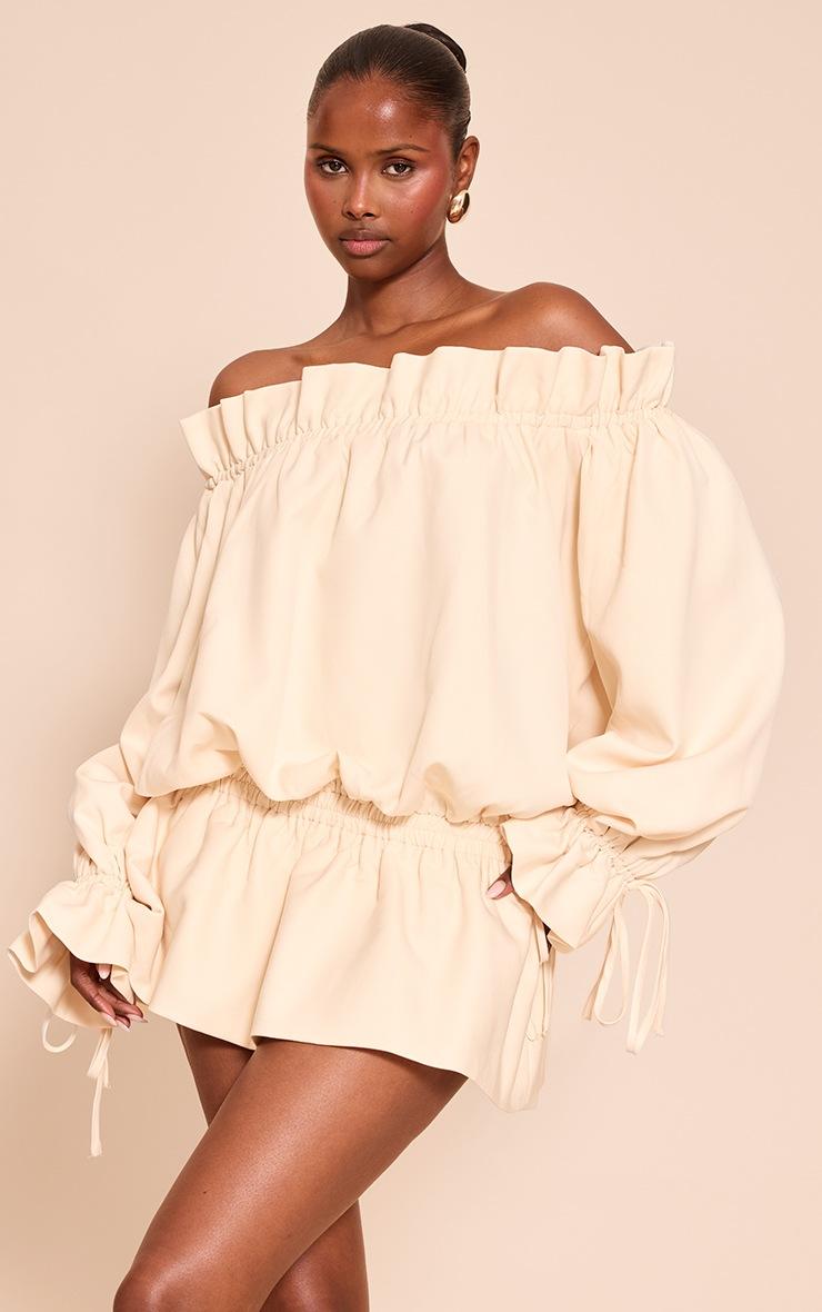 Pretty Little Thing Cream Woven Tie Detail Bandeau Long Sleeve Mini Dress