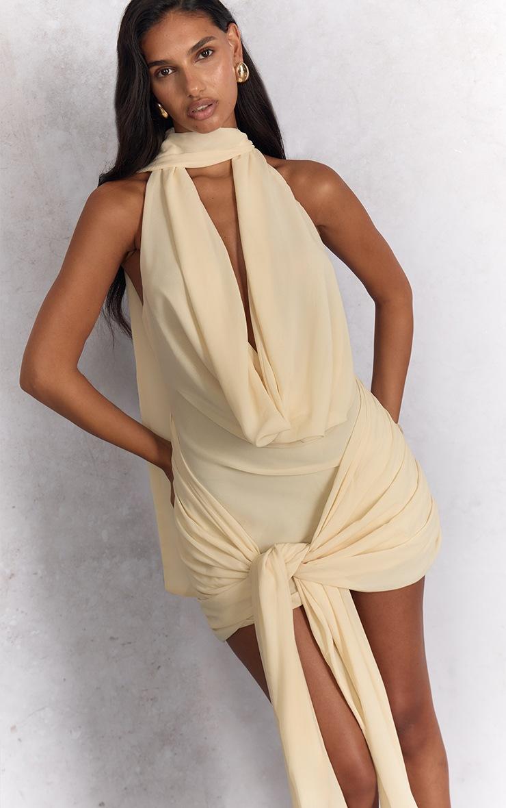 Pretty Little Thing Cream Woven Wrap Halterneck Mini Dress
