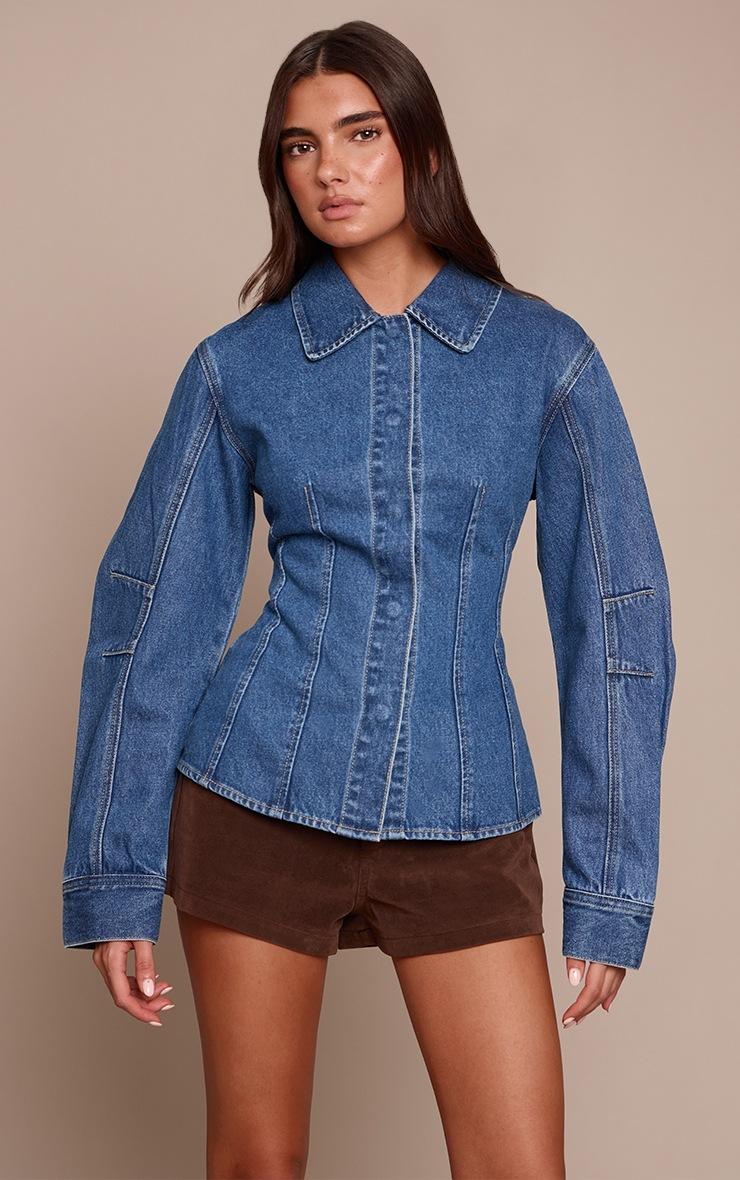 Pretty Little Thing Dark Blue Balloon Sleeve Cinched Denim Shirt
