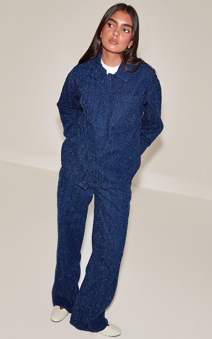 Pretty Little Thing Dark Blue Boucle Denim Concealed Placket Oversized Shirt