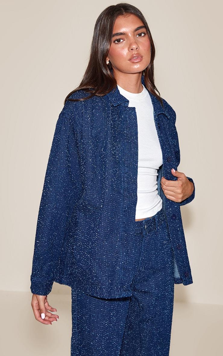 Pretty Little Thing Dark Blue Boucle Denim Concealed Placket Oversized Shirt