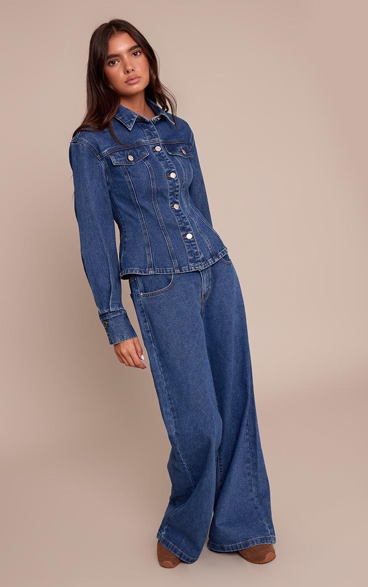 Pretty Little Thing Dark Blue Long Sleeve Cinched Waist Denim Jacket