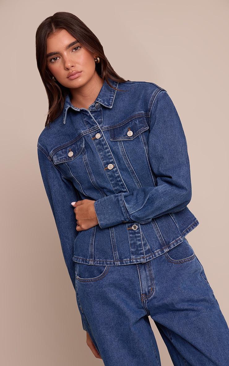 Pretty Little Thing Dark Blue Long Sleeve Cinched Waist Denim Jacket