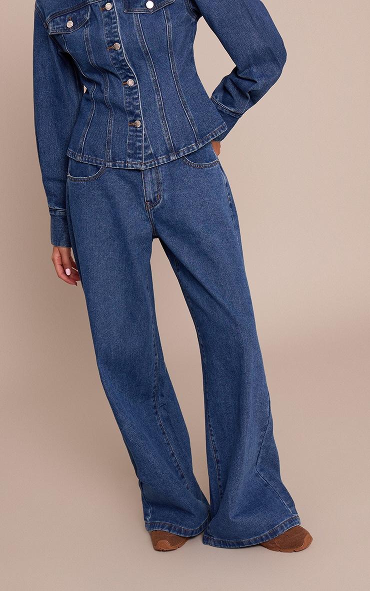 Pretty Little Thing Dark Blue Mid Rise Wide Leg Jeans
