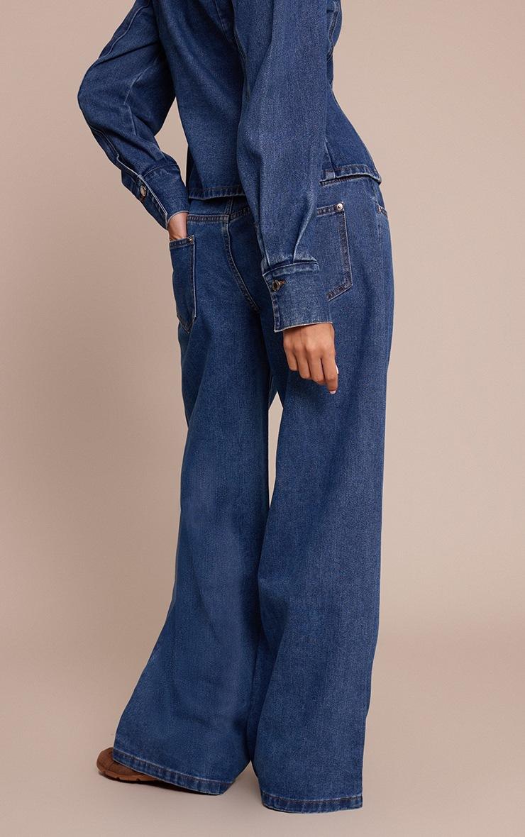 Pretty Little Thing Dark Blue Mid Rise Wide Leg Jeans