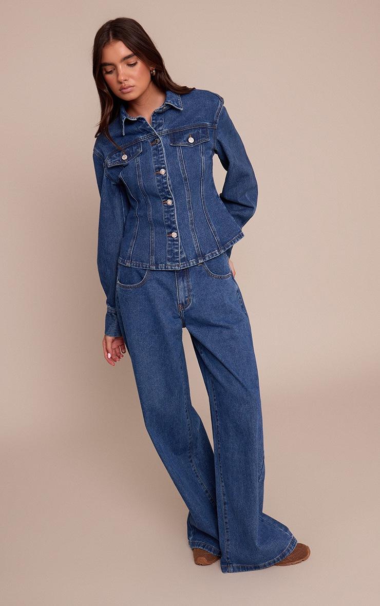 Pretty Little Thing Dark Blue Mid Rise Wide Leg Jeans