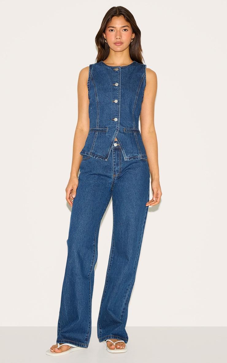 Pretty Little Thing Dark Blue Mid Waist Straight Leg Jeans