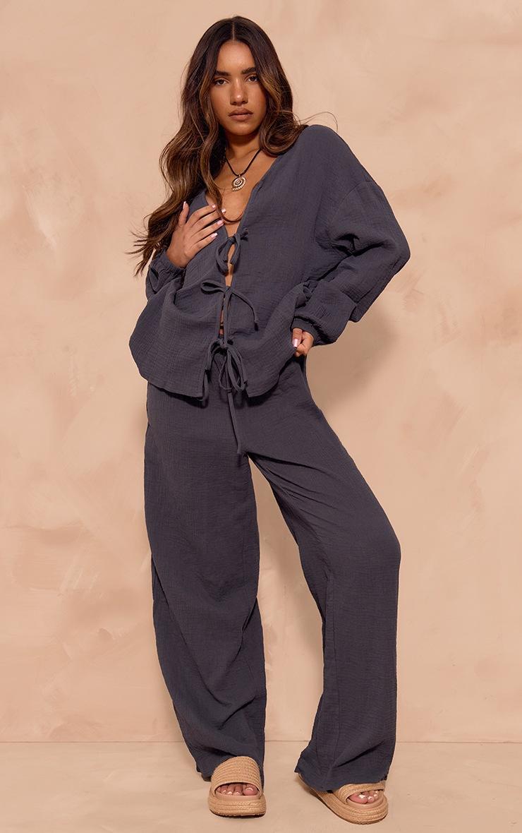 Pretty Little Thing Dark Blue Textured Cheesecloth Tie Front Shirt