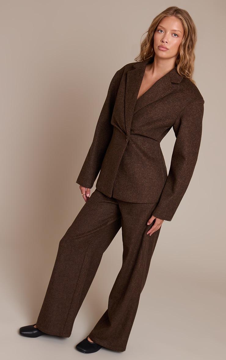 Pretty Little Thing Dark Brown Brushed Pinstripe Cinched Waist Blazer