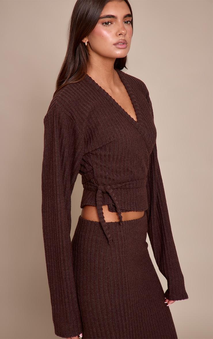 Pretty Little Thing Dark Brown Brushed Wrap Over Tie Waist Top