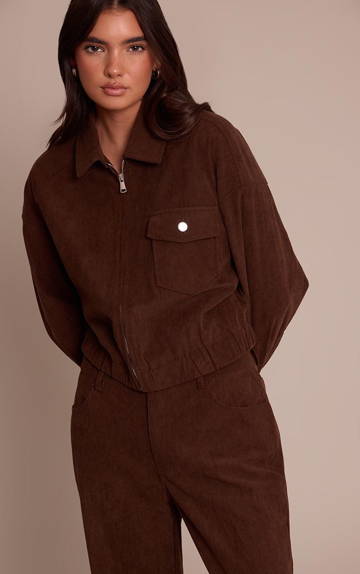 Pretty Little Thing Dark Brown Cord Cropped Zip Jacket