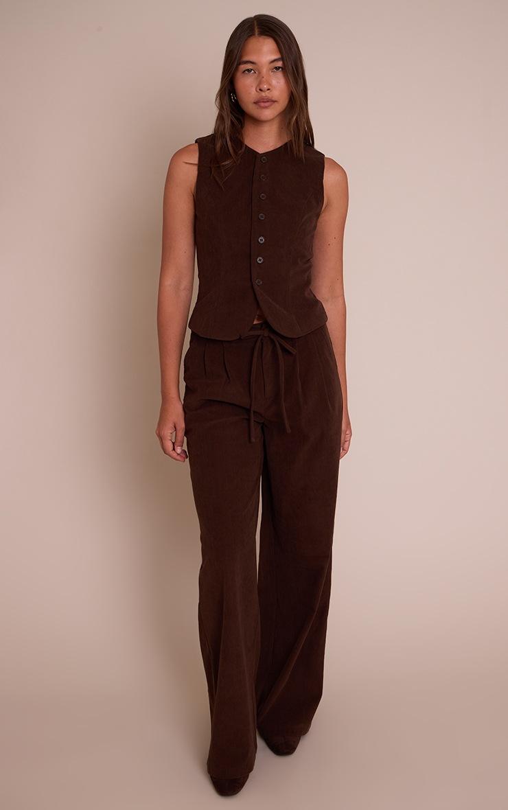 Pretty Little Thing Dark Brown Corduroy Tailored Tie Detail Wide Leg Pants