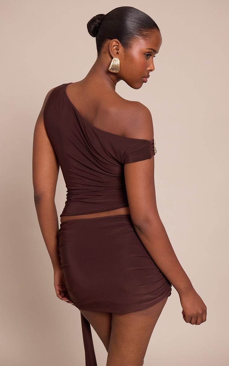 Pretty Little Thing Dark Brown Double Layer Slinky Ruched One Shoulder Top